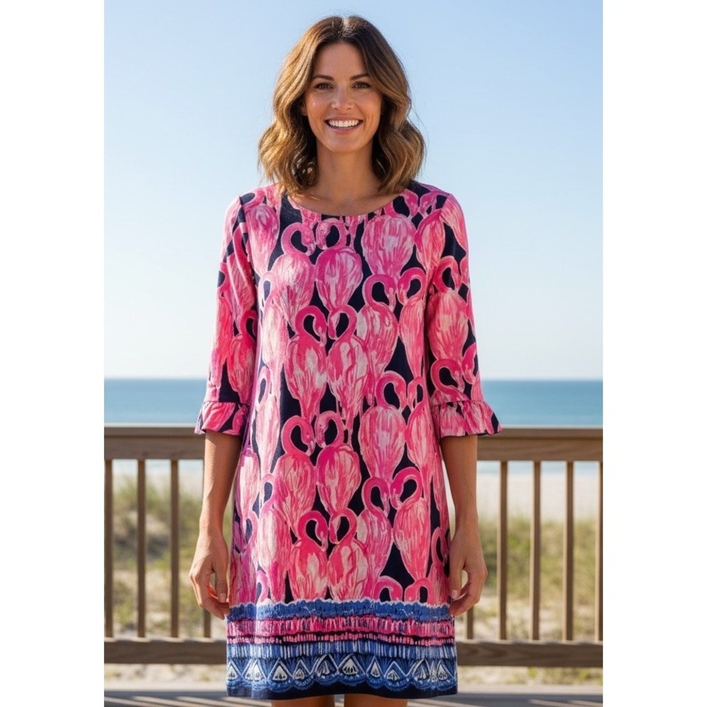 LILLY PULITZER M Sophie Ruffle Dress Pink Flamingo High Tide Pink Blue MEDIUM